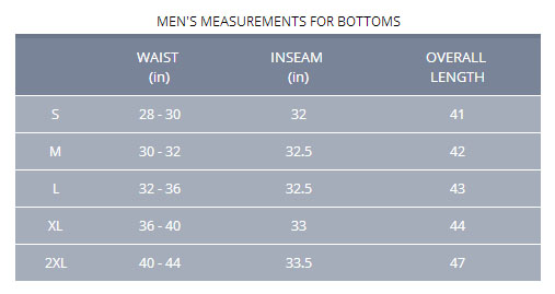 Ti Scrubs Men's Pants Size Chart
