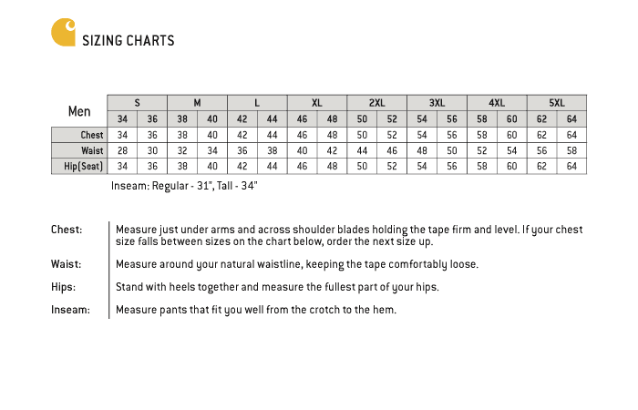 Carhartt Scrubs Men's Size Chart